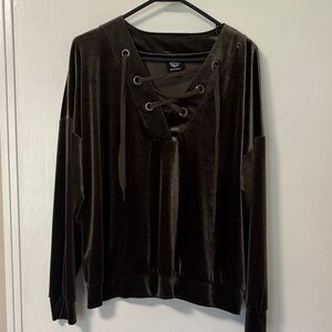 Boohoo Olive Velvet Lace-Up Hooded Sweatshirt